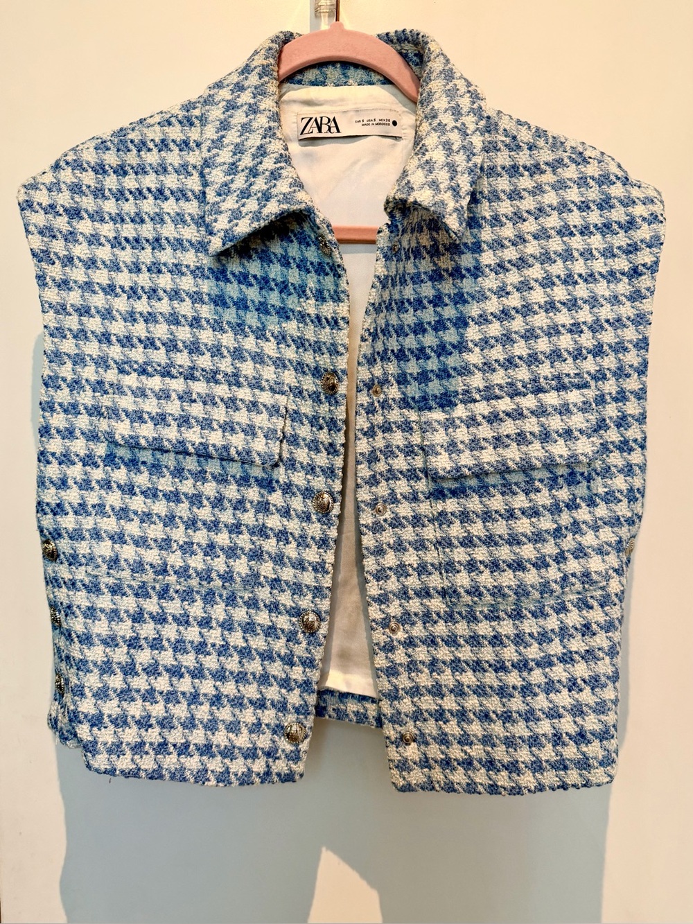 Zara blue and white houndstooth tweed vest.